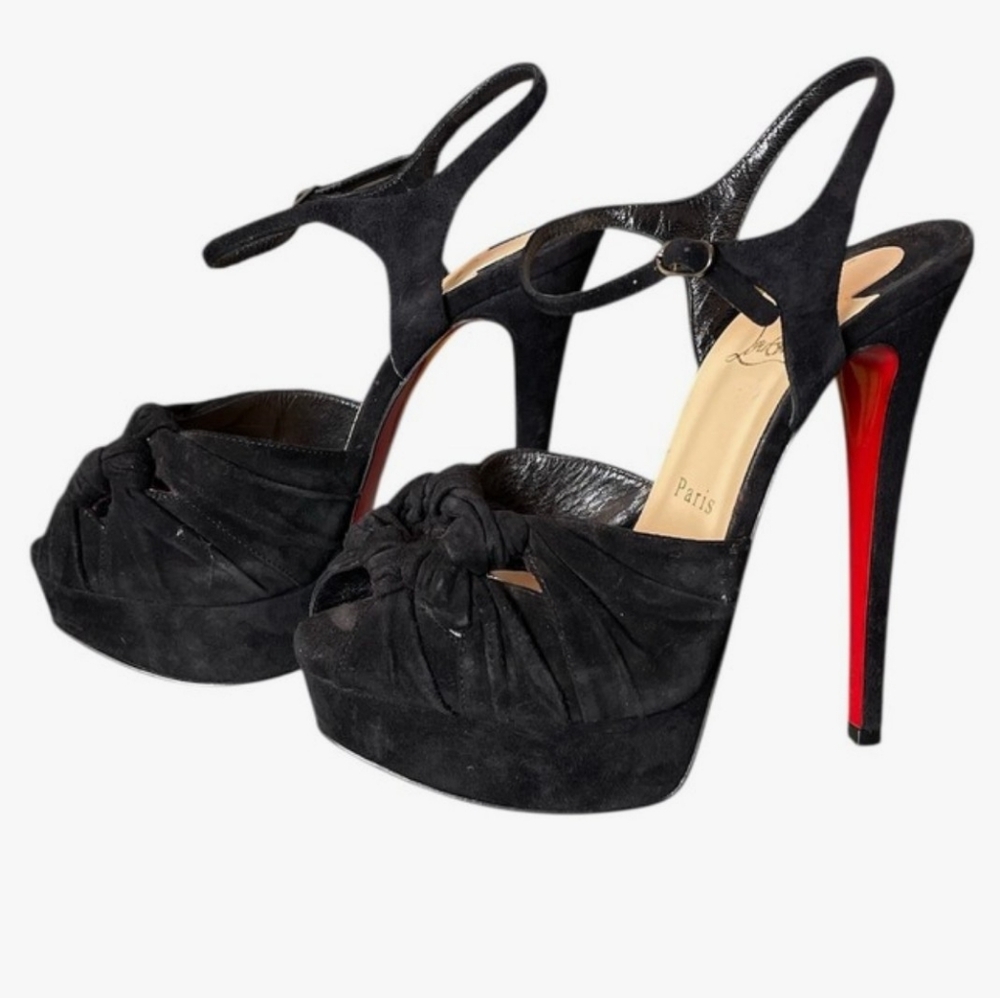 Christian Louboutin Black Suede Knotted Heel - Ionescadiva 150 Veau Velours Sz 8